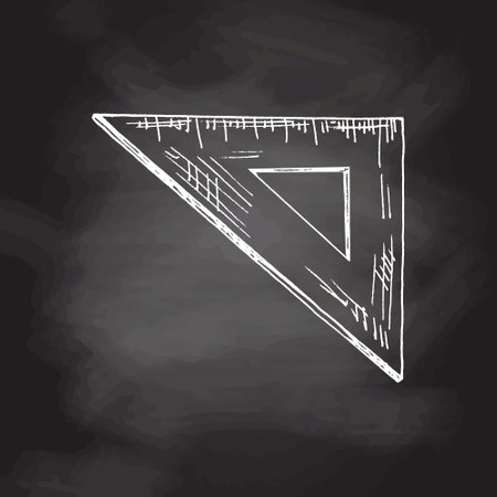 Vector hand-drawn school and office supplies Illustration. Detailed retro style triangular ruler sketch on chalkboard background. vintage sketch element. back to school. school essential illustration.のイラスト素材