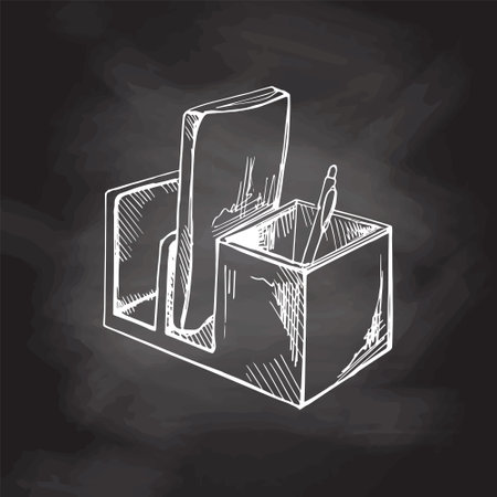 Vector hand-drawn school and office tools Illustration. Detailed retro style plastic box with stationery and drawing tools sketch on chalkboard background. vintage sketch element. back to school.のイラスト素材