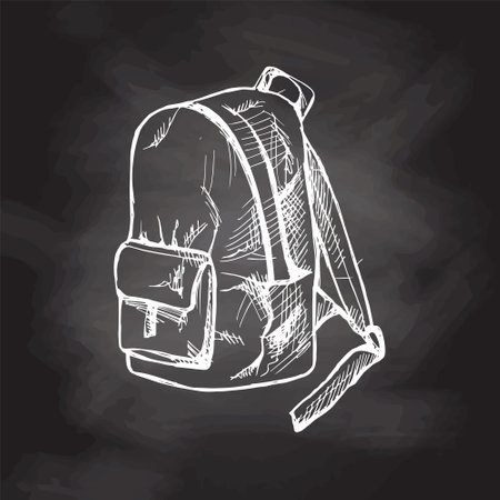 Vector hand-drawn school Illustration. Detailed retro style backpack sketch. vintage sketch element. back to school.のイラスト素材