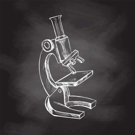 Vector hand-drawn school Illustration. Detailed retro style microscope sketch on chalkboard background. vintage sketch element. back to school. The science.のイラスト素材