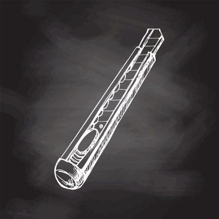 Vector hand-drawn school and office tools Illustration. Detailed retro style stationery knife sketch on chalkboard background. vintage sketch element. back to school.のイラスト素材