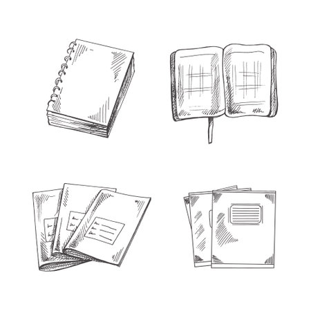Vector hand-drawn school and office supplies Illustration set. Detailed retro style notepads and notebooks sketch. vintage sketch element. back to school. school essential illustration.のイラスト素材
