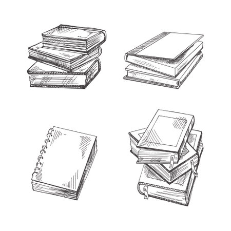 Vector hand-drawn school and office tools Illustration set. Detailed retro style books sketch. vintage sketch element. back to school.のイラスト素材