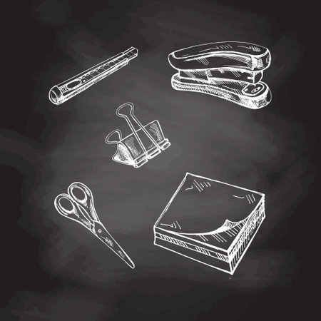 Back to School, hand drawn school supplies sketch set. Doodle object collection on chalkboard background. education concept. vintage sketch element. vector illustration. back to school.のイラスト素材