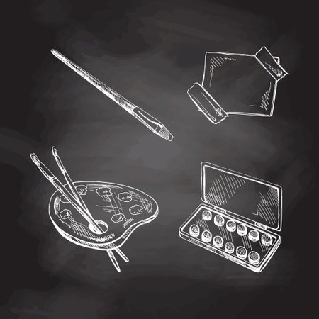 Vector hand-drawn school and drawing tools Illustration set. Detailed retro style watercolor paints, palette, brushes, paper sketch on chalkboard background. vintage sketch element.のイラスト素材