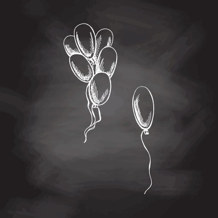Vector hand-drawn school and festive Illustration set. Detailed retro style balloons sketch on chalkboard background. vintage sketch element. back to school.のイラスト素材