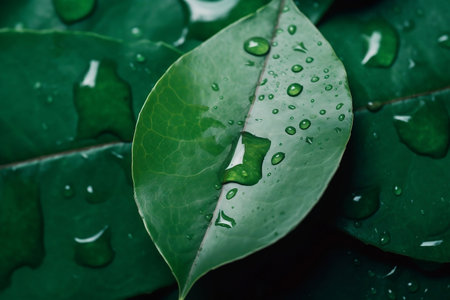 Green leaf with water droplet. ecological concept. AI generated illustration.の素材