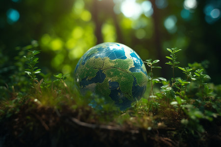 A crystal globe with a tree. Natural background. Sunny bright lighting. Photorealistic illustration. Ecological concept. Earth Day. AI generated illustration.の素材