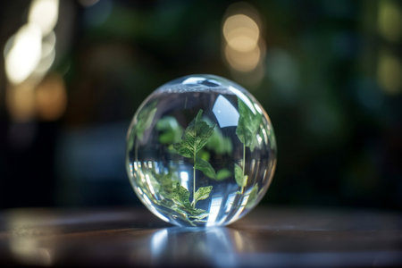 A crystal globe with a sprout. Natural background. Sunny bright lighting. photorealistic illustration. Ecological concept. Earth Day. AI generated illustration.の素材