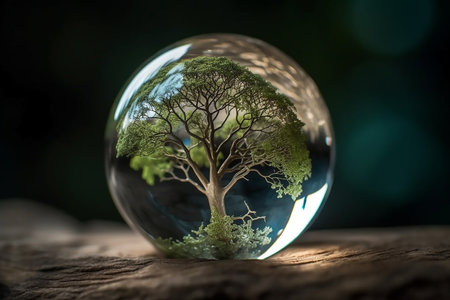 A crystal globe with a tree. Natural background. Sunny bright lighting. Photorealistic illustration. Ecological concept. Earth Day. AI generated illustration.の素材