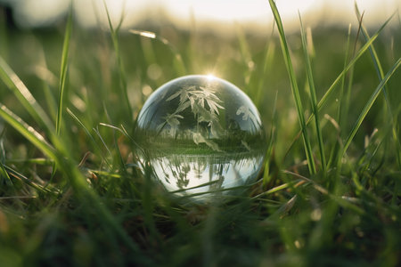 A crystal globe with a tree. Natural background. Sunny bright lighting. Photorealistic illustration. Ecological concept. Earth Day. AI generated illustration.の素材