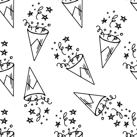 Doodle-style seamless pattern of festive firecracker with flying confetti for birthday or new year. Festive concept. Hand drawn vector outline sketch.のイラスト素材