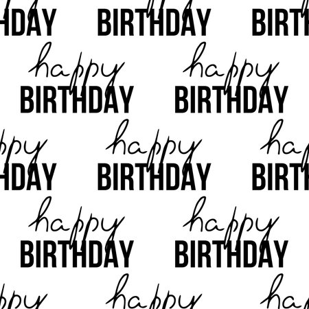 Doodle-style seamless pattern of happy birthday inscription. Festive concept. Hand drawn vector outline sketch.のイラスト素材