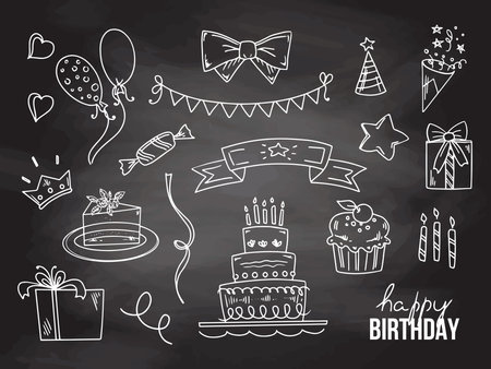 Birthday doodle set. Hand drawn vector Happy Birthday sketches on chalkboard background. Cake with candles, party cap, garland, balloon, star, cap, bow, heart, candy, cupcake, gift box, crown, firecracker, happy birthday inscription.のイラスト素材
