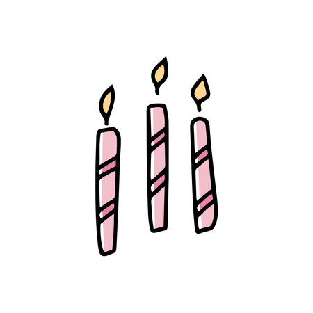 Candles for cake in doodle style on a white background. Festive concept. Hand drawn vector colored outline icon.のイラスト素材