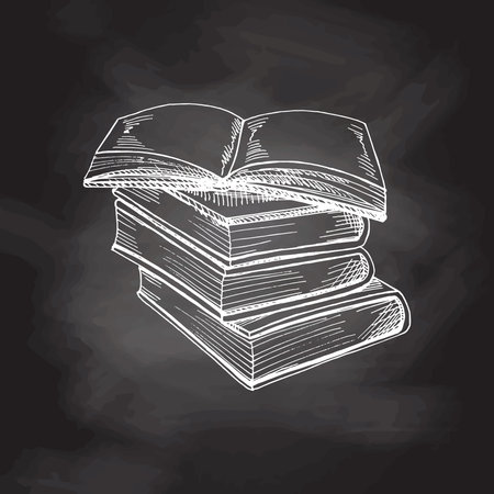 Vector hand-drawn school and office tools Illustration. A detailed sketch of books in retro style. Vintage sketch element. Back to School.のイラスト素材