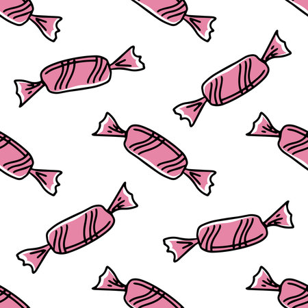 Doodle-style seamless pattern of candy in a wrapper. Festive concept. Hand drawn color vector outline sketch.のイラスト素材