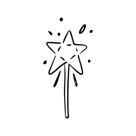 Magic wand in doodle style on a white background. Festive concept. Hand drawn vector outline icon.のイラスト素材