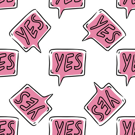 Doodle-style Yes word text on talk shape seamless pattern. Doodle Speech Bubble. Vector...