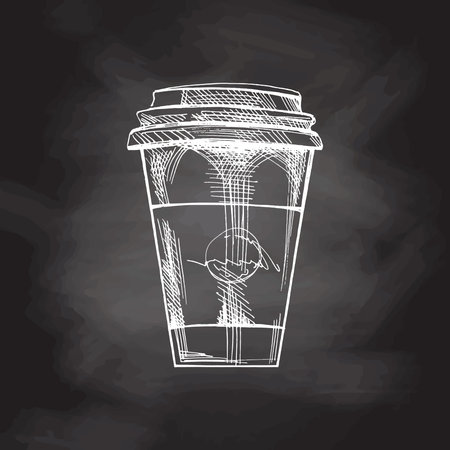 Hand-drawn sketch of coffee takeaway cup on chalkboard background. Doodle illustration. Ecology concept. Vector.のイラスト素材