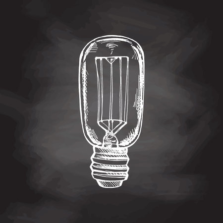 Hand-drawn sketch of electric light bulb on chalkboard background. Doodle icon. Vector illustration.のイラスト素材