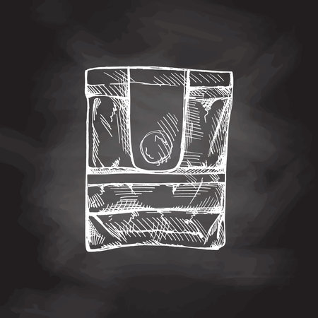 Hand-drawn sketch of paper lunch food craft box package on chalkboard background. Realistic isolated pack for take away breakfast or snack illustration. Vector illustration. Eco concept.のイラスト素材