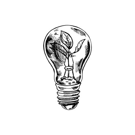 Sustainable ecological energy drawing. Hand-drawn black sketch of electric ecology light bulb with leaf inside. Vector doodle illustration.のイラスト素材