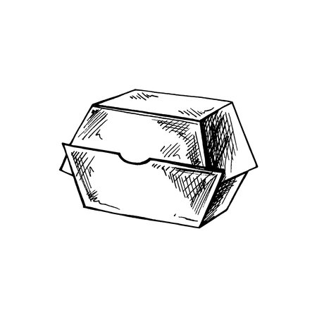 Hand-drawn sketch of paper lunch food craft box package. Realistic isolated pack for take away breakfast or snack illustration. Vector illustration. Eco concept.のイラスト素材