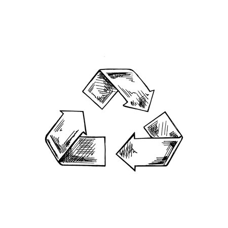 Hand-drawn sketch of recycle symbol on a white background. Eco concept. Vector doodle icon. Retro style.のイラスト素材
