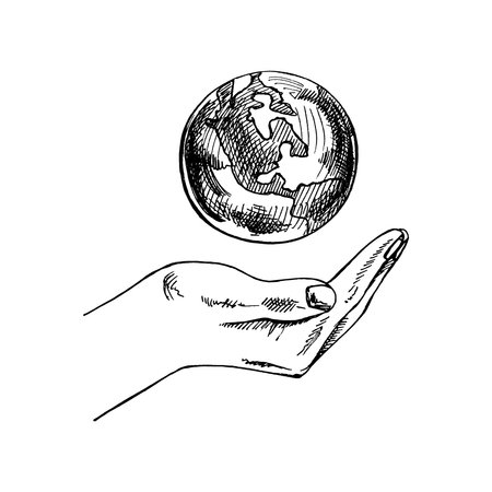 Hand-drawn sketch of Earth in hand. Hold the world in hands. Carry earth, one line globe in hand and global support concept. Doodle vector illustration. Vintage.のイラスト素材