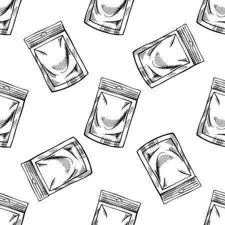 Seamless pattern of hand-drawn sketch of paper zip package. Realistic isolated pack illustration. Eco concept. Black-and-white illustration in sketch style. Vintage, doodle.のイラスト素材