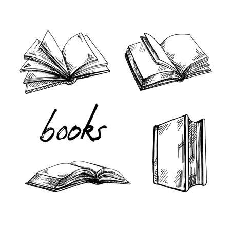 Vector hand-drawn school and office tools Illustration set. Detailed retro style books sketch. vintage sketch element. back to school.のイラスト素材