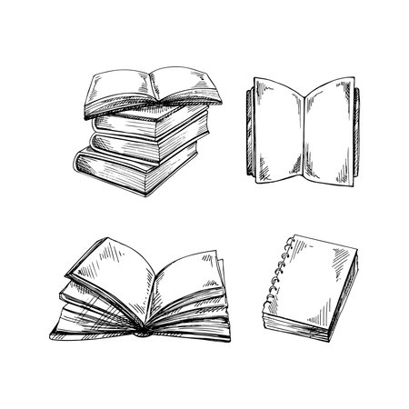 Vector hand-drawn school and office tools Illustration set. Detailed retro style books sketch. vintage sketch element. back to school.のイラスト素材