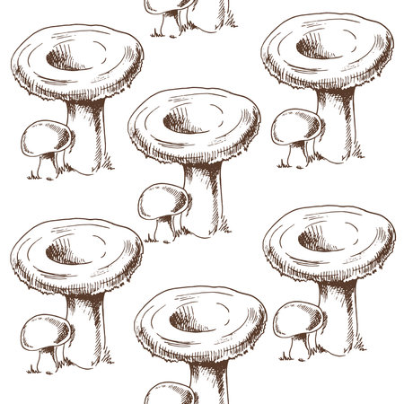 Seamless pattern of hand drawn forest mushrooms. Vintage drawing. Eco food vintage vector illustration. Sketch illustration for print, web, mobile and infographics.のイラスト素材