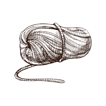 Hand drawn sketch of ball of threads. Handmade, knitting equipment concept in vintage doodle style. Engraving style.のイラスト素材