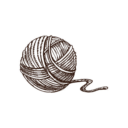 Hand drawn sketch of ball of threads. Handmade, knitting equipment concept in vintage doodle style. Engraving style.のイラスト素材