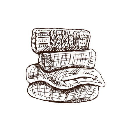 Hand-drawn sketch of knitted clothes. Knitwear, handmade concept in vintage doodle style. Engraving style.のイラスト素材