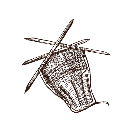 Hand-drawn sketch of knitted mitten, glove with knitting needles. Knitwear, handmade concept in vintage doodle style. Engraving style.のイラスト素材