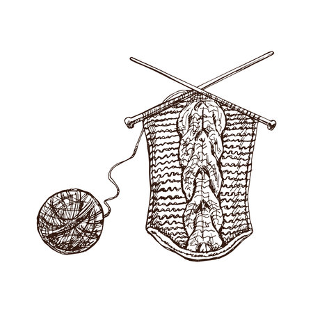 Hand-drawn sketch of knitted sweater in the knitting process. Knitwear, handmade concept in vintage doodle style. Engraving style.のイラスト素材