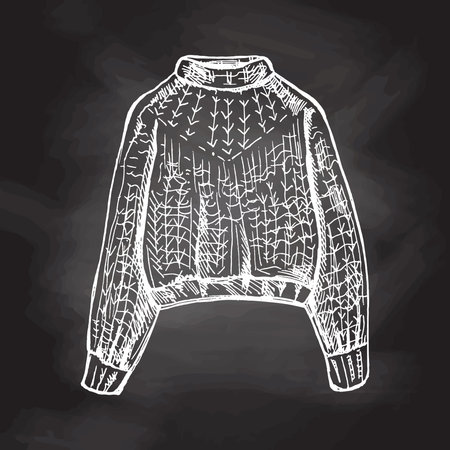 Hand-drawn sketch of knitted sweater, pullover on chalkboard background. Knitwear, handmade concept in vintage doodle style. Engraving style.のイラスト素材