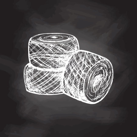 Hand drawn sketch of balls of threads on chalkboard background. Handmade, knitting equipment concept in vintage doodle style. Engraving style.のイラスト素材