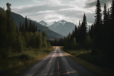Alaska road along the edges of a coniferous. Photorealistic image. AI generated.の素材