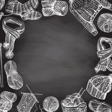 Vintage hand drawn knitting template on chalkboard background. Handmade, knitting equipment concept in vintage doodle style. Template with an empty space in the center in the form of a circle.のイラスト素材