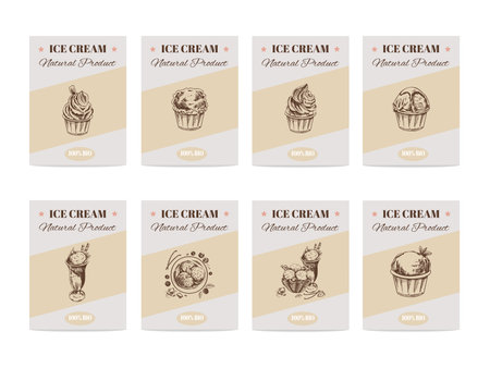 Hand-drawn banners with ice cream in sketch style. Vintage vector illustration. The concept of dessert is a sweet dish in a vintage doodle style.のイラスト素材