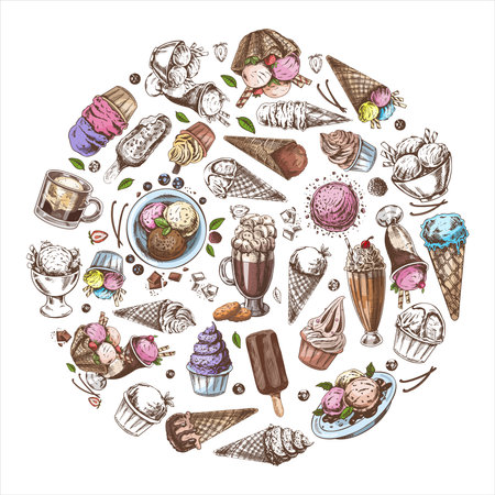Vintage set of hand drawn color and monochrome ice cream icons. Elements in a circle. Vector illustrations in sketch style. The concept of dessert.のイラスト素材