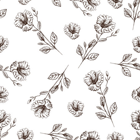 Seamless pattern of hand drawn hibiscus. Monochrome flower doodle. Black and white vintage element. Vector sketch. Detailed retro style.のイラスト素材