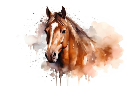 Watercolor portrait of a horse with splashes of paint on a white background. AI generated illustration.の素材