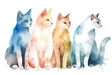 Watercolor portrait of cats on a white background. AI generated illustration.の素材