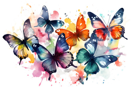 Watercolor butterflies, moths with splashes of paint on a white background. AI generated illustration.の素材