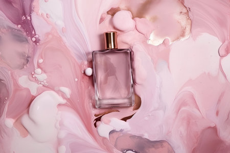 Perfume in a glass bottle on pink liquid background in the style of a commercial photo. AI generated illustration.の素材